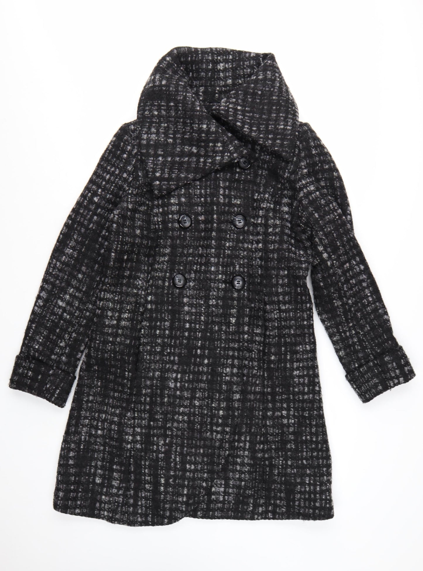 Marks and Spencer Per Una Women's Black Wool Blend Check Long Coat Size 12