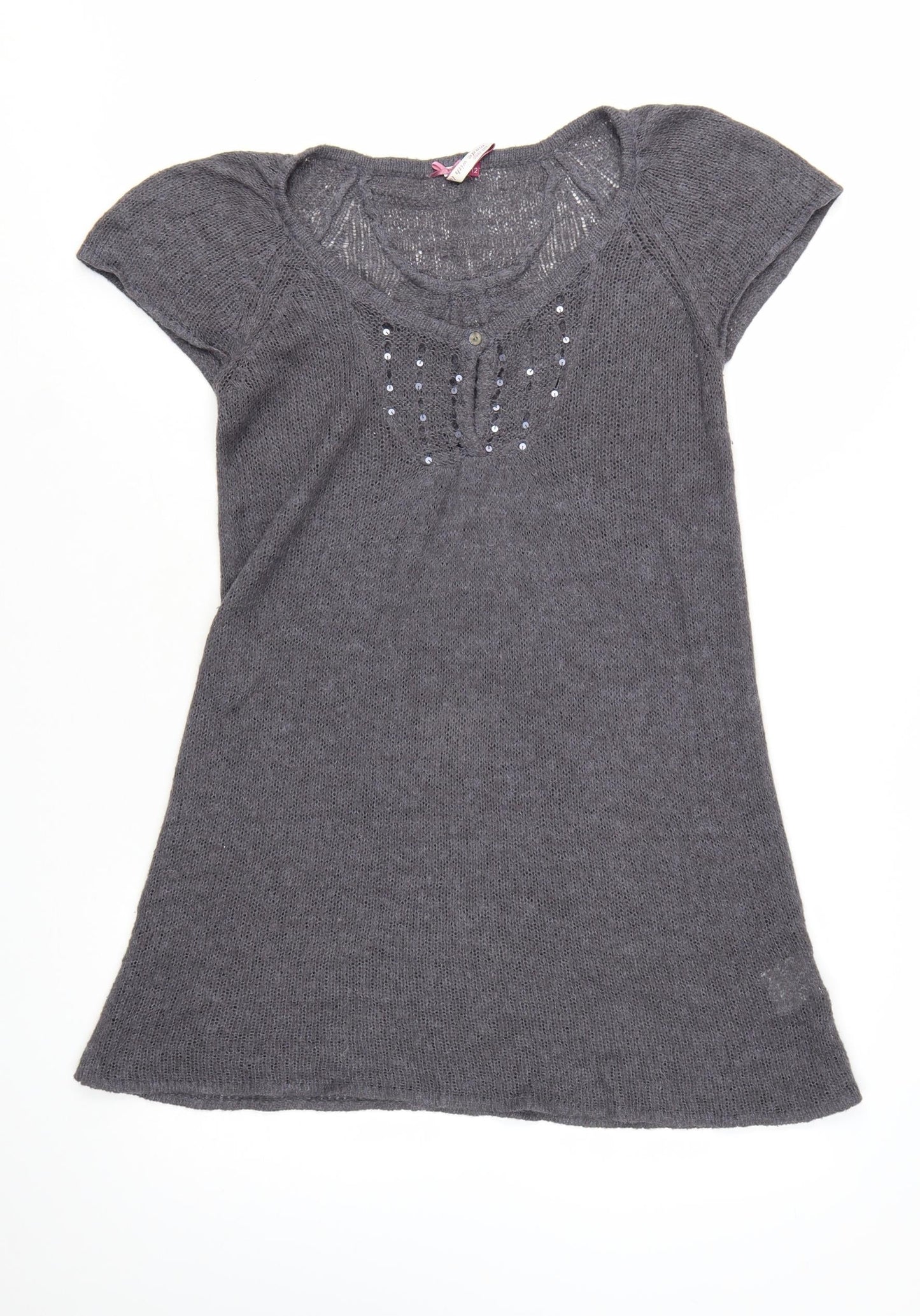 White Stuff Women's Grey Tunic Jumper Size 12 Beaded Knit Short Sleeve