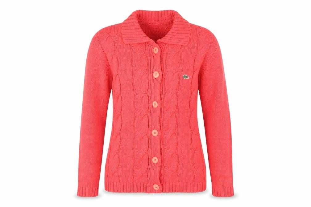 Lacoste Women's Pink Collared Cable-Knit Cotton Cardigan XL