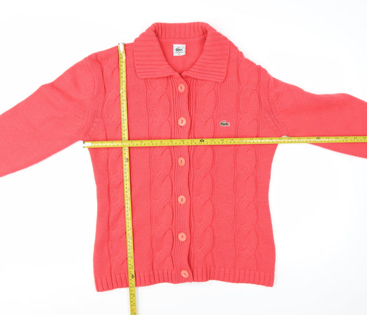 Lacoste Women's Pink Collared Cable-Knit Cotton Cardigan XL