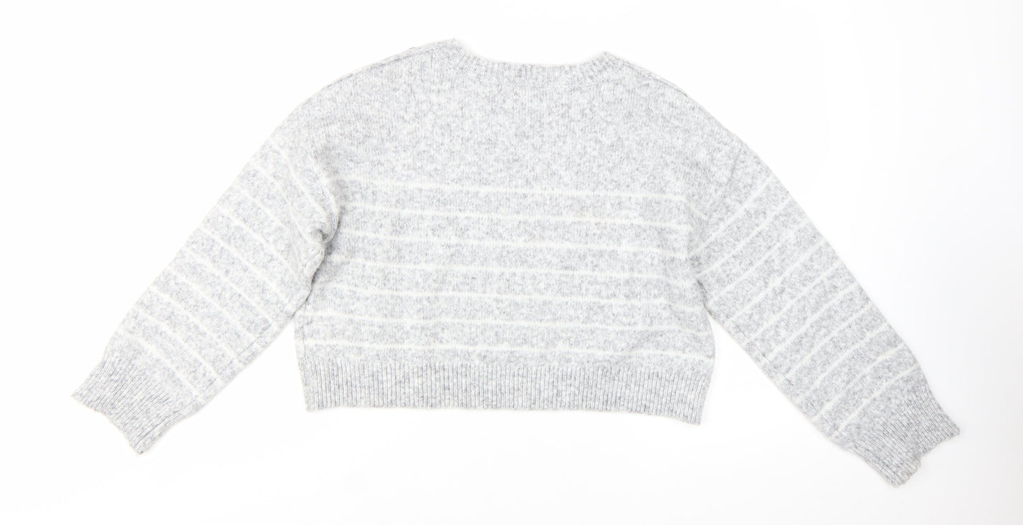 River Island Womens Grey Striped Crew Neck Button Detail Jumper Size M