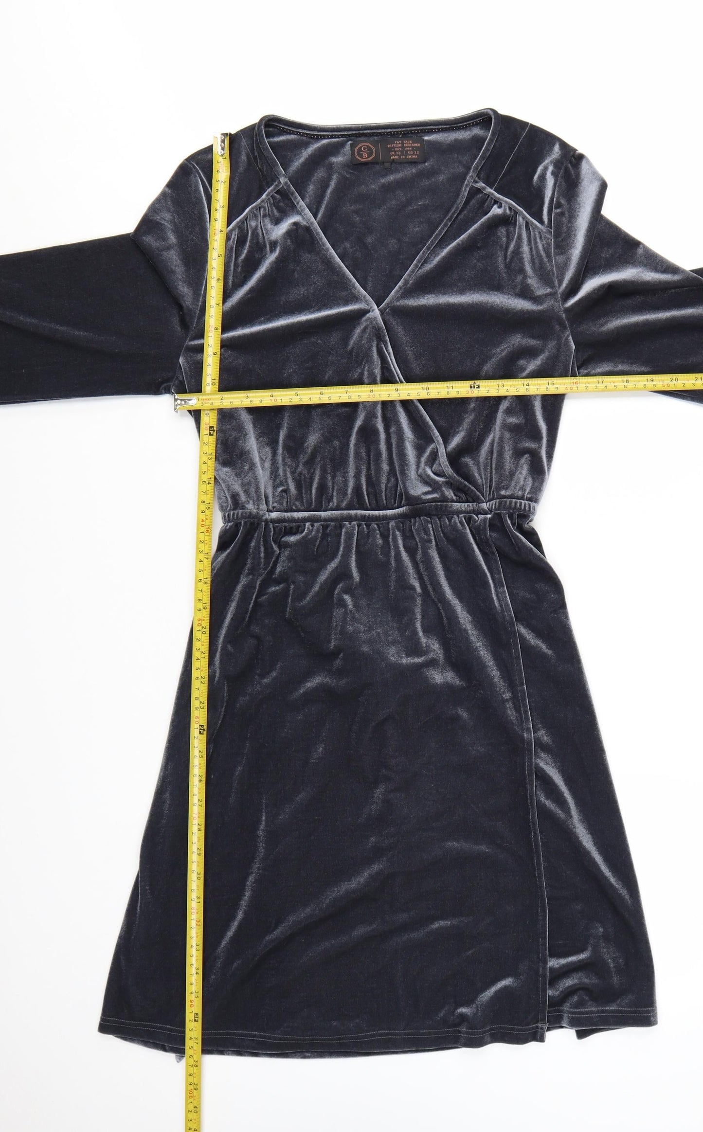 FatFace Women Grey Velvet Wrap Dress Size 16 Long Sleeve Belted