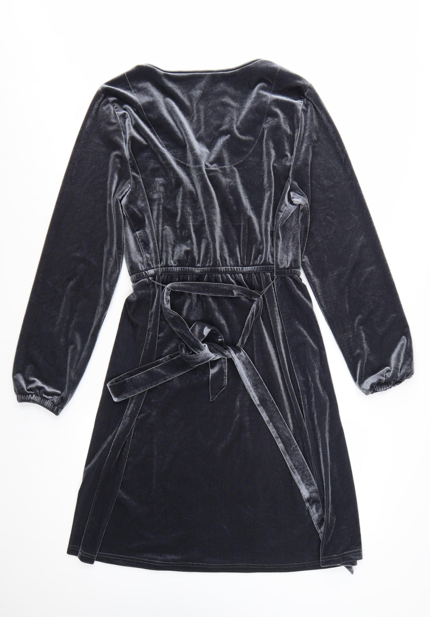 FatFace Women Grey Velvet Wrap Dress Size 16 Long Sleeve Belted