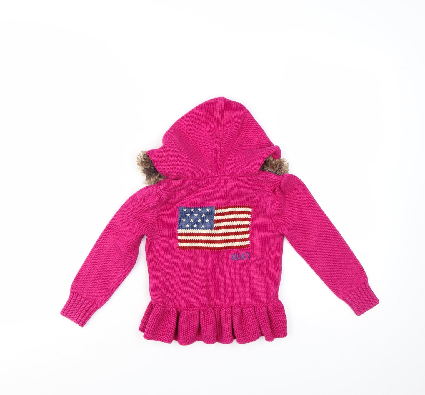 Ralph Lauren Girls Pink Full Zip Hooded Cardigan Faux Fur Trim Size 4 Years