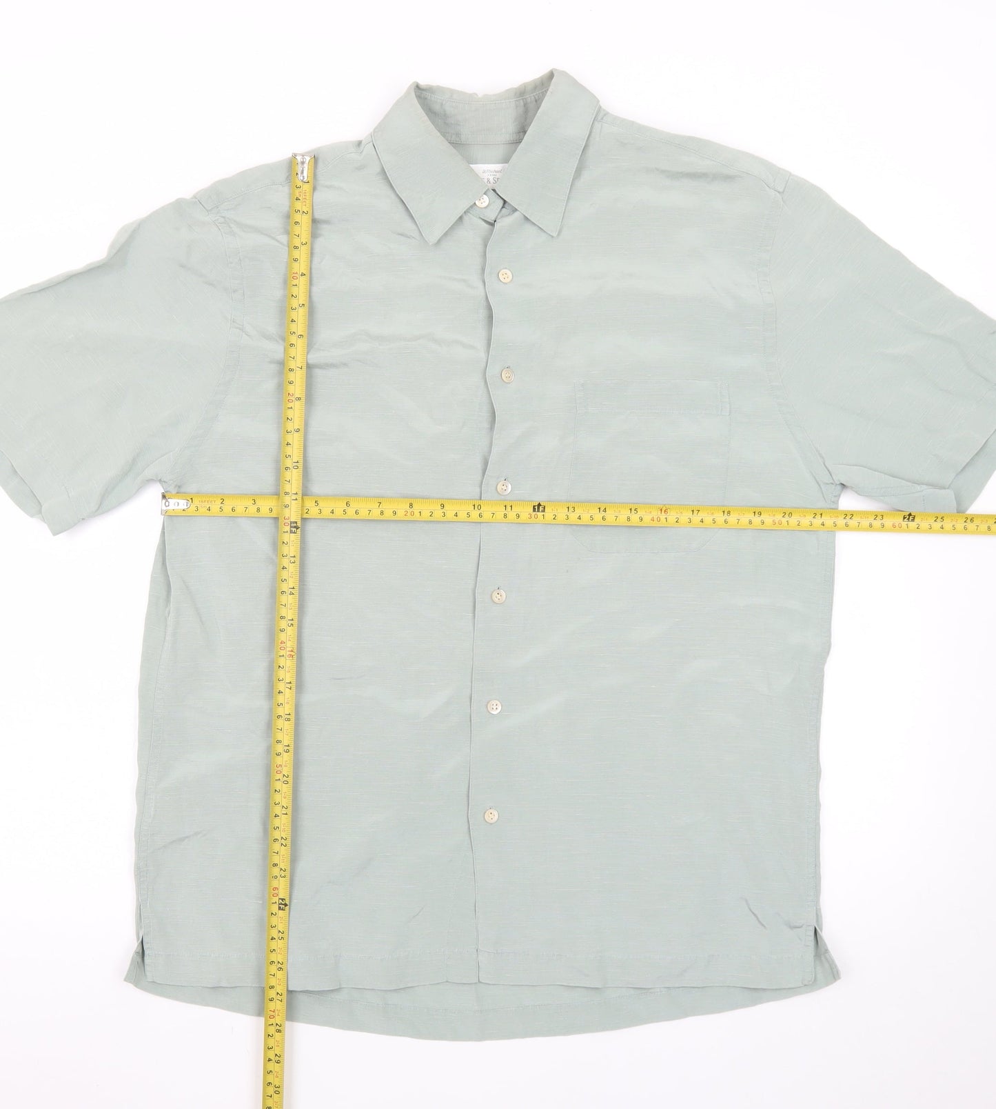 Marks and Spencer Men's Green Short Sleeve Vintage Button-Up Shirt M
