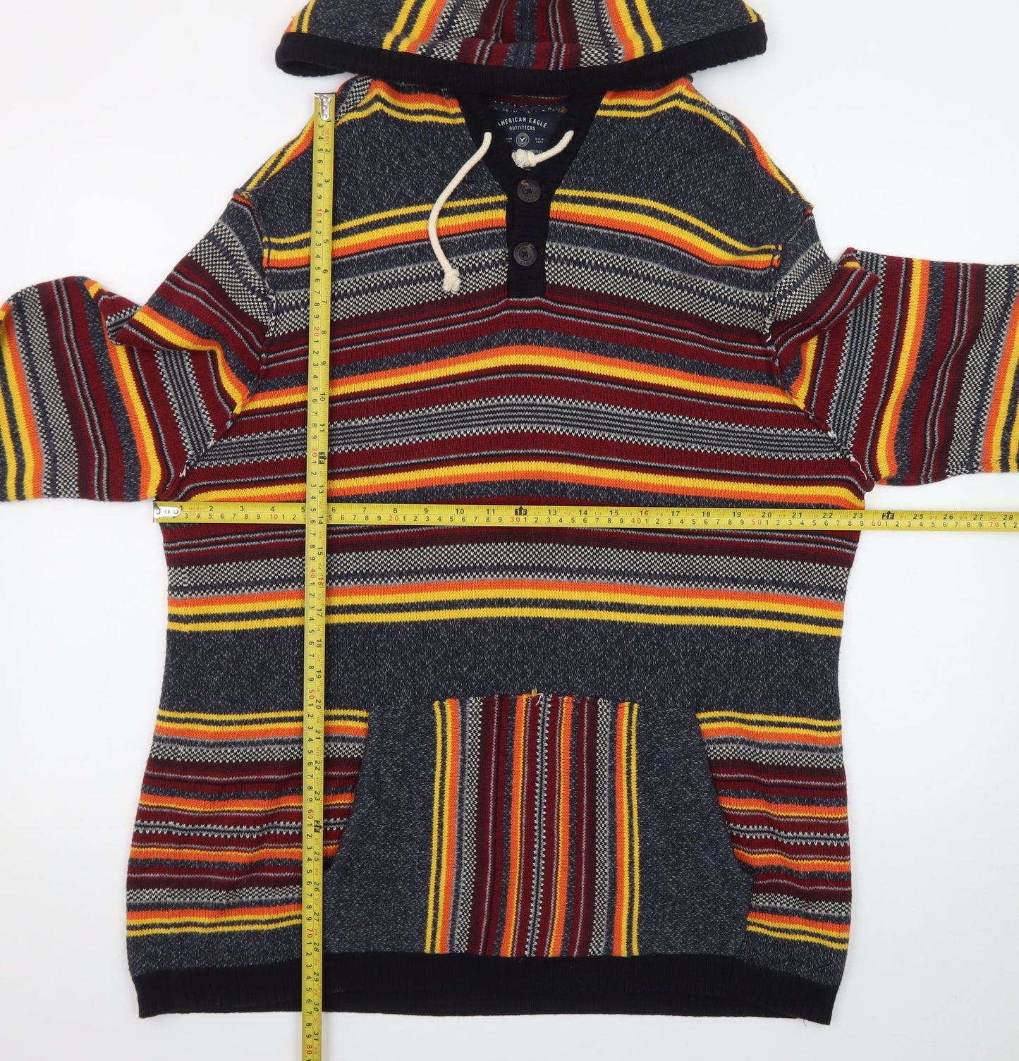 American Eagle Men's Multicoloured Striped Henley Hoodie L
