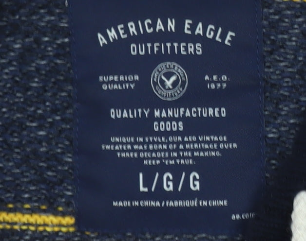 American Eagle Men's Multicoloured Striped Henley Hoodie L