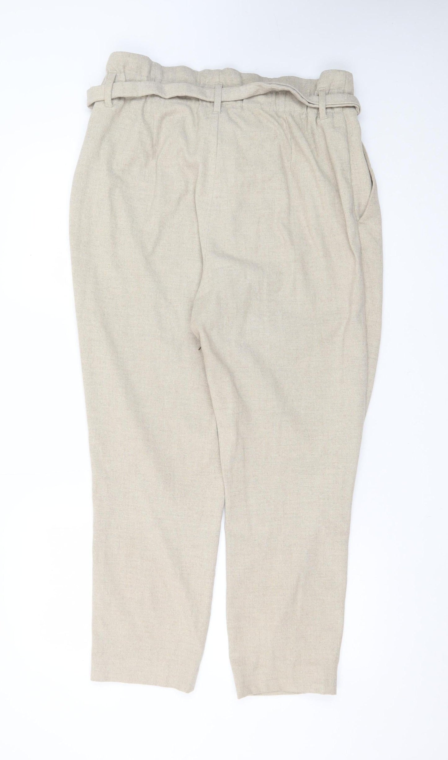H&M Women’s Beige Paperbag Trousers Size 14 Belted Tapered Pants