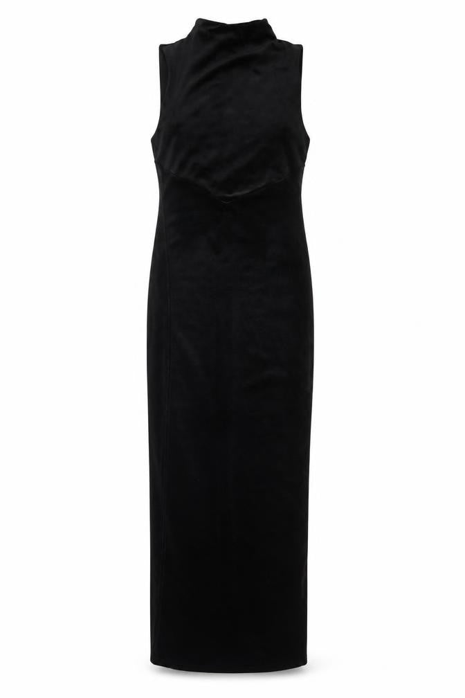 Front view of ASOS Women’s Black Velvet Sleeveless Bodycon Midi Dress UK 8