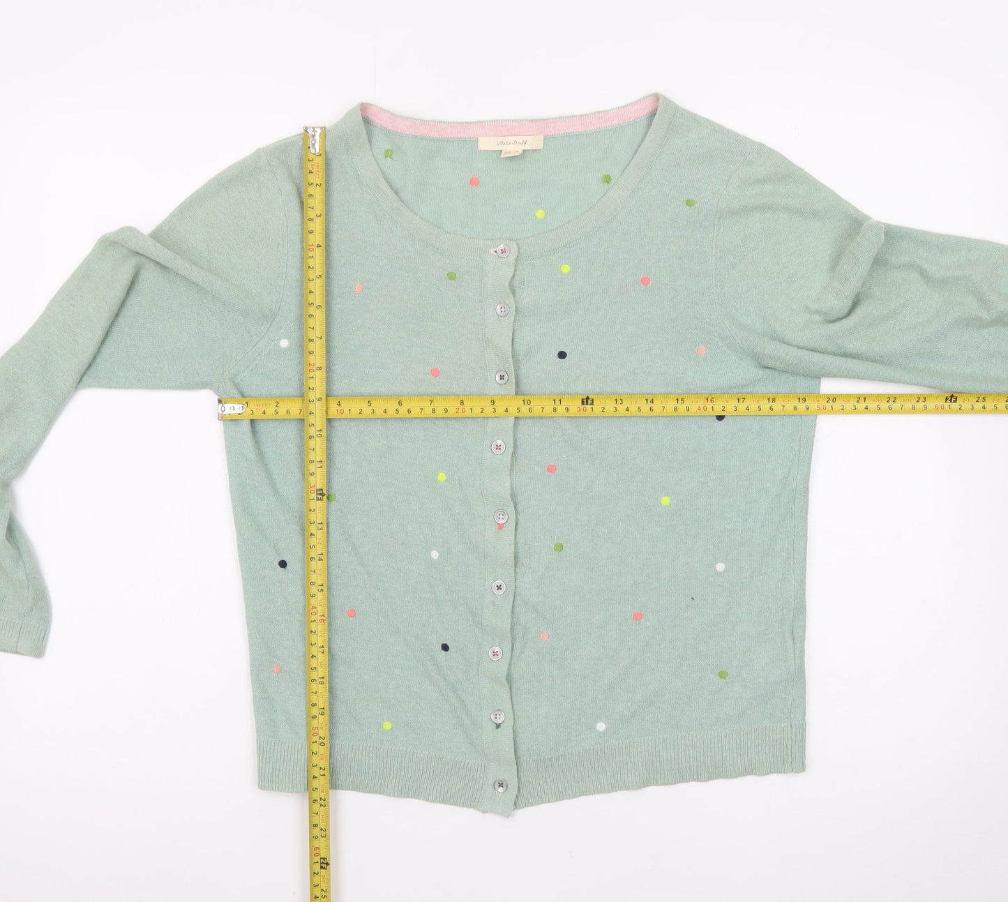 White Stuff Women Green Polka Dot Cardigan UK 14 Linen Cotton Knit
