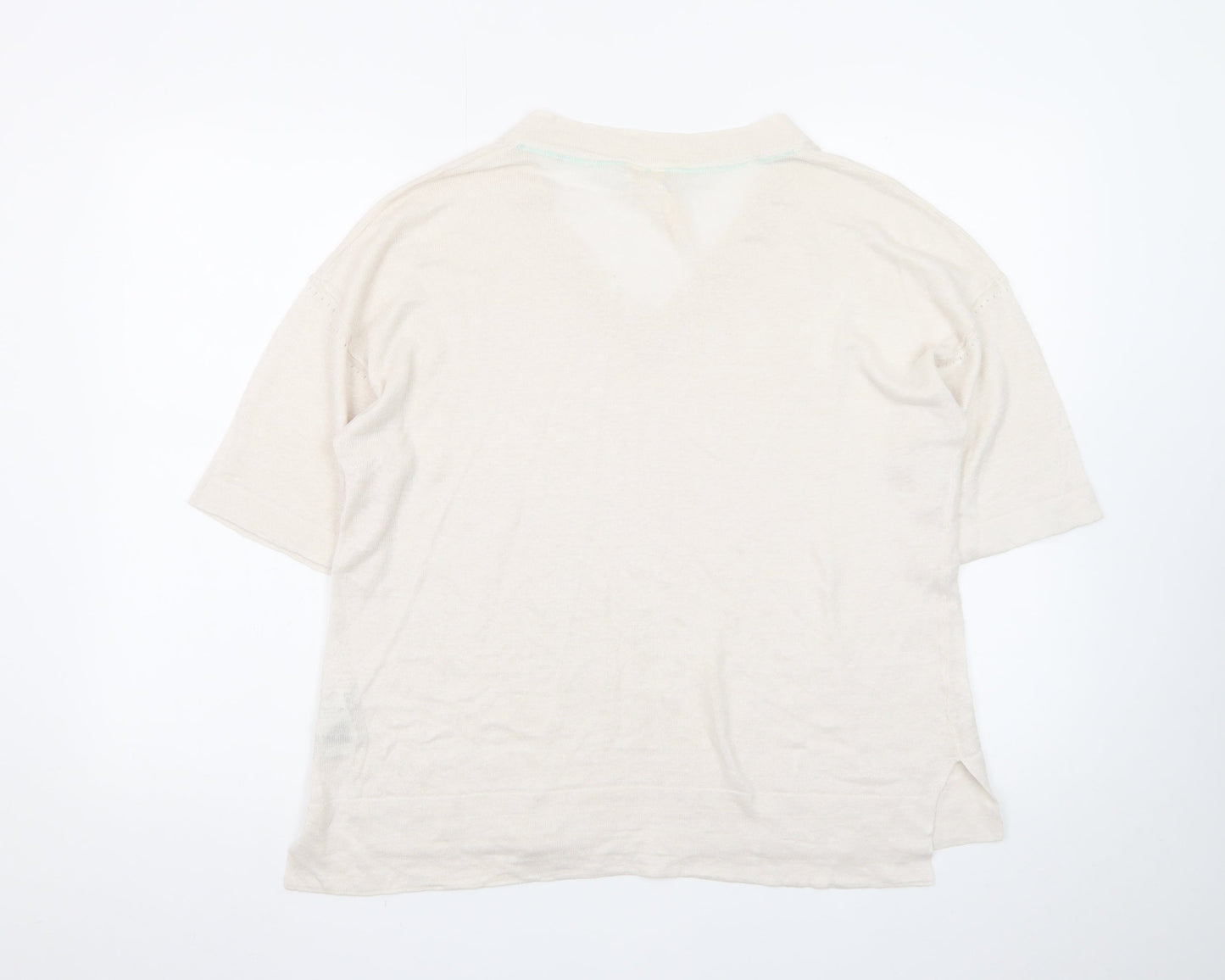 White Stuff Women’s Beige Linen V-Neck Short Sleeve Pullover Jumper UK 10