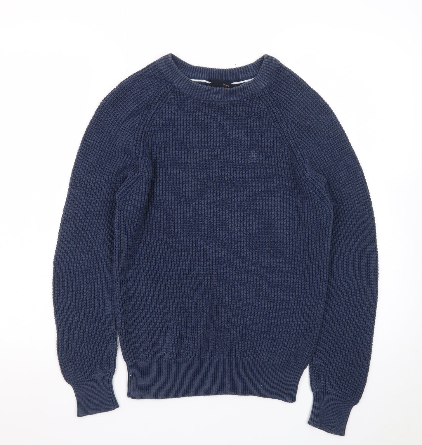 Duck and Cover Men's Blue Cotton Waffle-Knit Crew Neck Jumper Size M