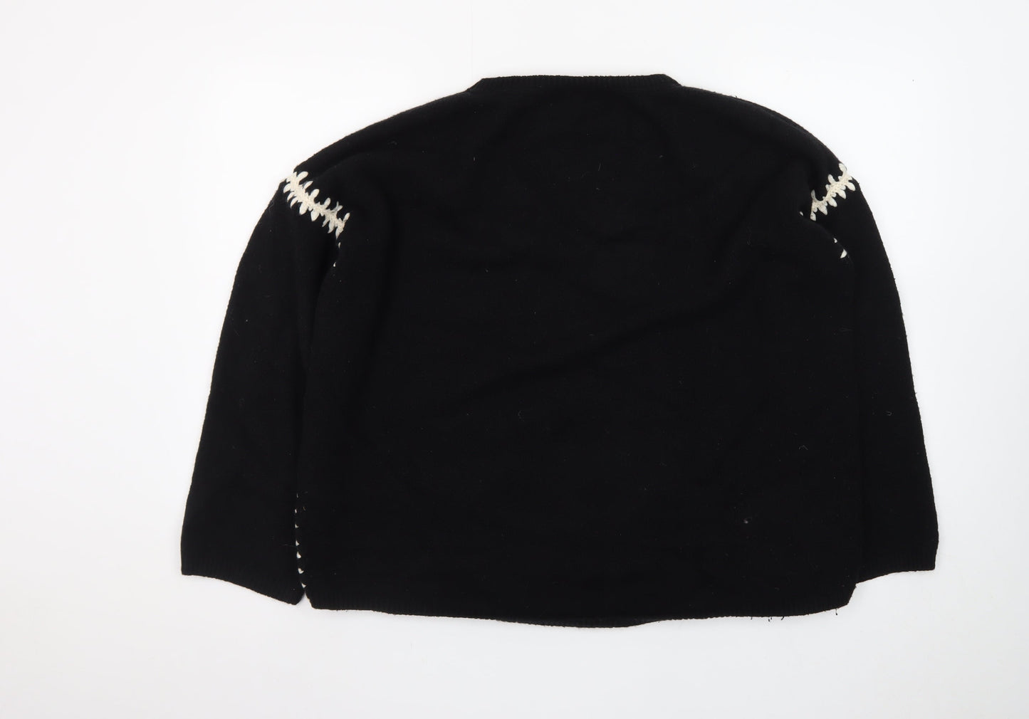 The White Company Women Black Wool Pullover Jumper UK 1 S with Contrast Stitch Detail