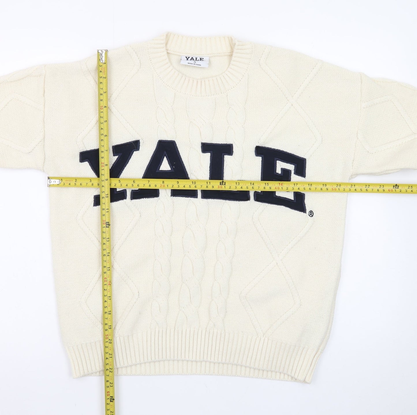 Yale University Women Ivory Cable Knit Jumper Small Crew Neck Cotton