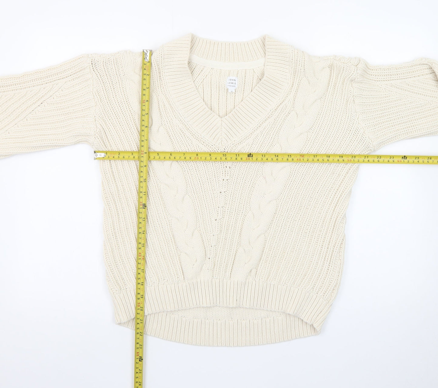 John Lewis Women’s Ivory Cable-Knit V-Neck Cotton Jumper Size 12