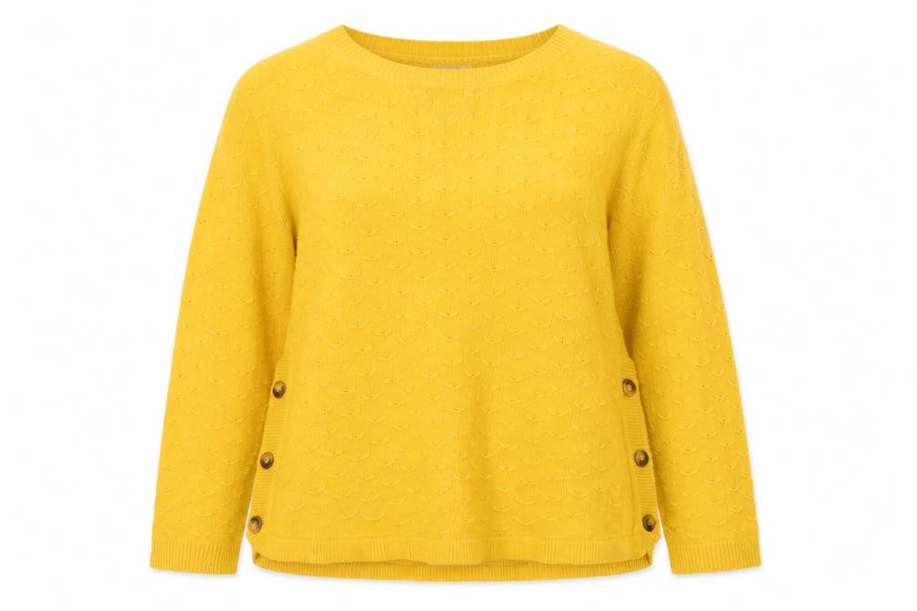 Fat Face Women Yellow Cotton Crew Neck Button Detail Pullover Jumper Size 18