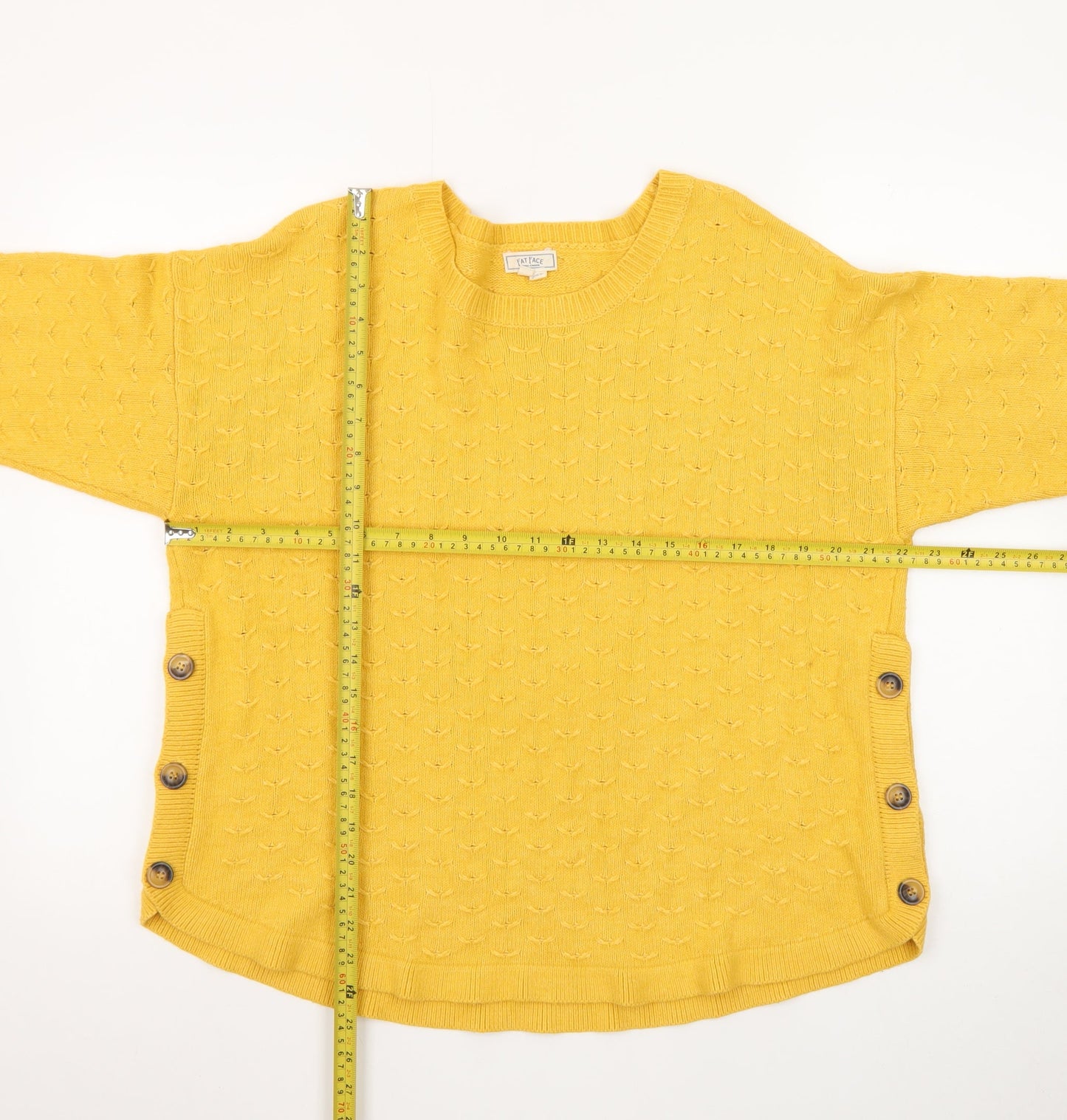 Fat Face Women Yellow Cotton Crew Neck Button Detail Pullover Jumper Size 18