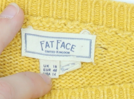 Fat Face Women Yellow Cotton Crew Neck Button Detail Pullover Jumper Size 18