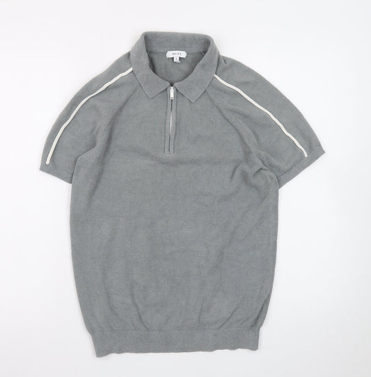 Reiss Men's Grey 1/4 Zip Short Sleeve Knit Polo Shirt Size S