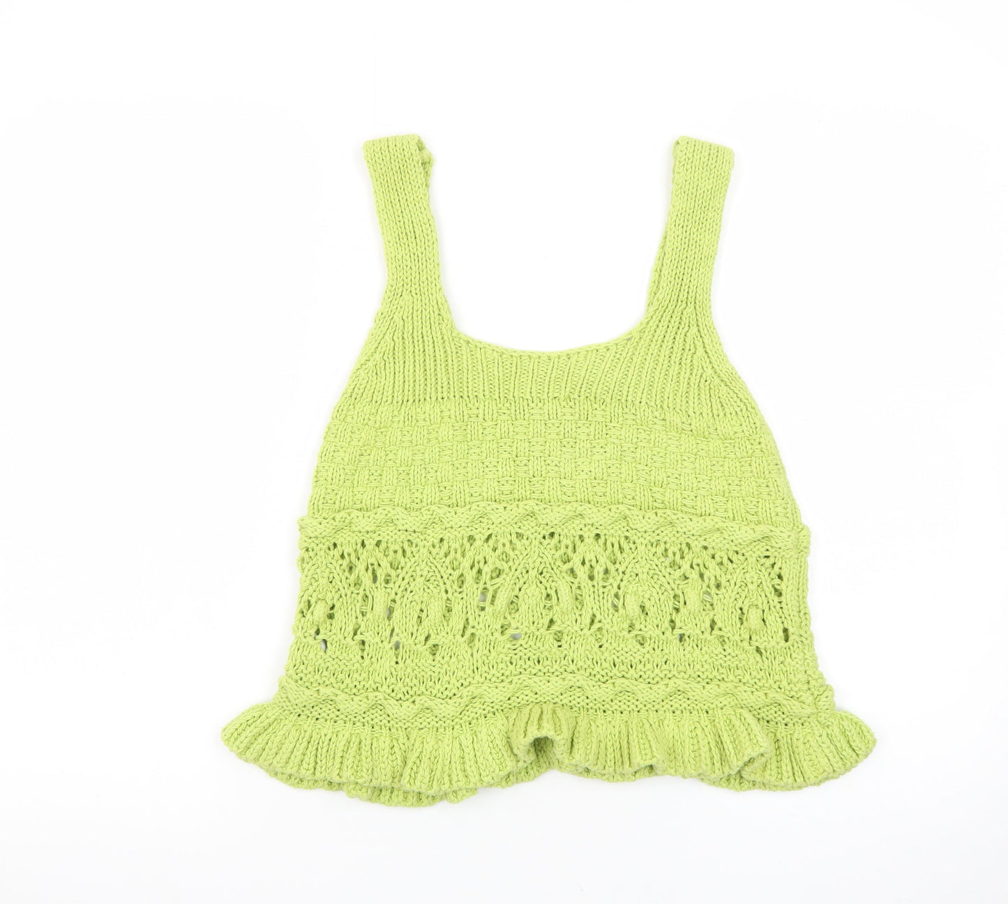Zara Women Green Knit Crochet Tank Top Size S Summer Boho Style