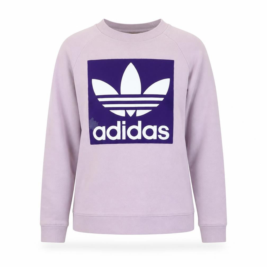 Front view of Adidas women’s lilac sweatshirt, size UK 10, purple trefoil logo pullover
