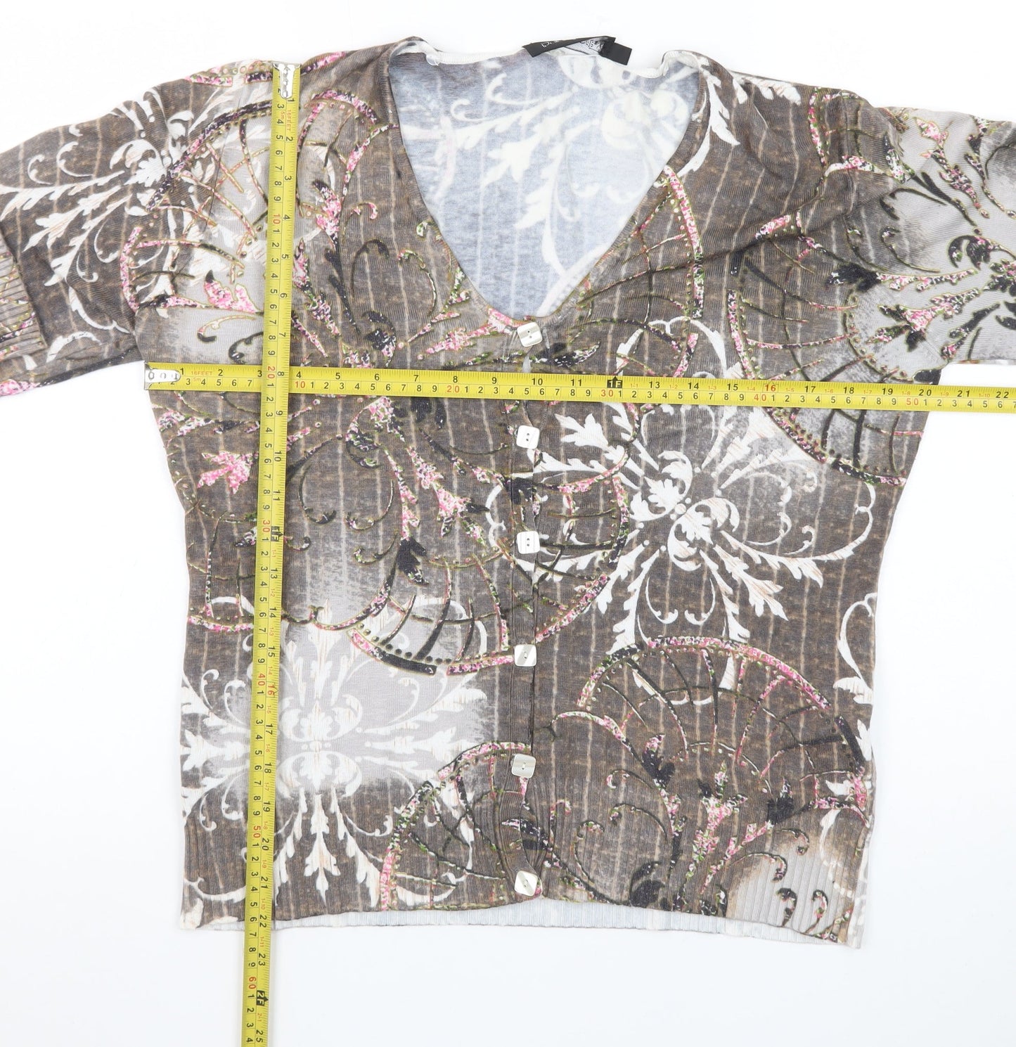 Passport Womens Brown Floral V-Neck Button Cardigan Size M