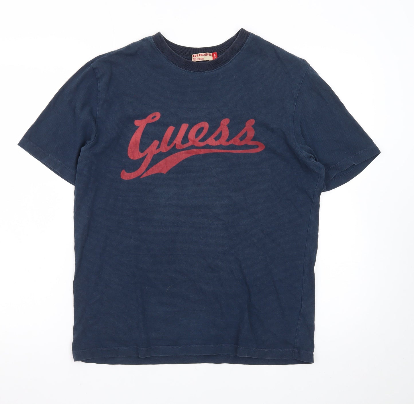 Guess Men’s Blue Logo Crew Neck Cotton T-Shirt Size L Vintage