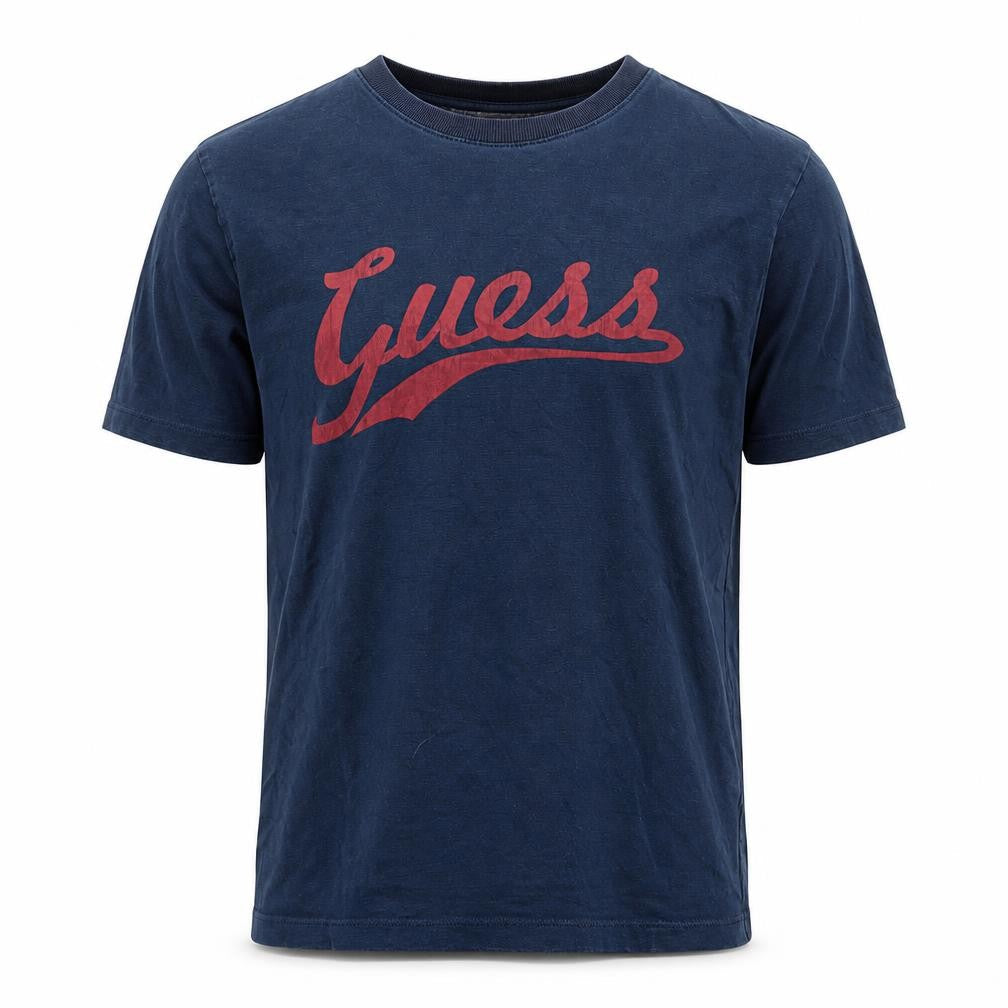 Front view of Guess Men’s Blue Logo Crew Neck Cotton T-Shirt, size L, Vintage