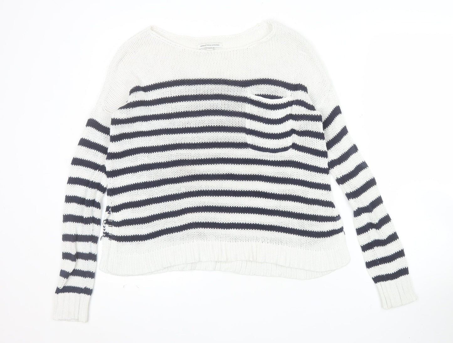 American Eagle Outfitters Women's White Striped Cotton Pullover Jumper Size S