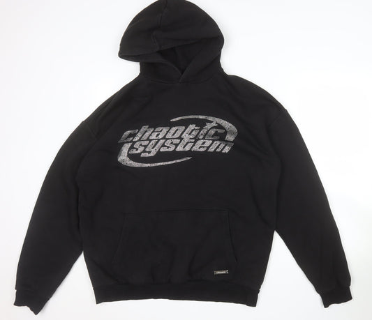 FSBN Womens Black Relaxed Fit Pullover Hoodie Size L Chaotic System Logo