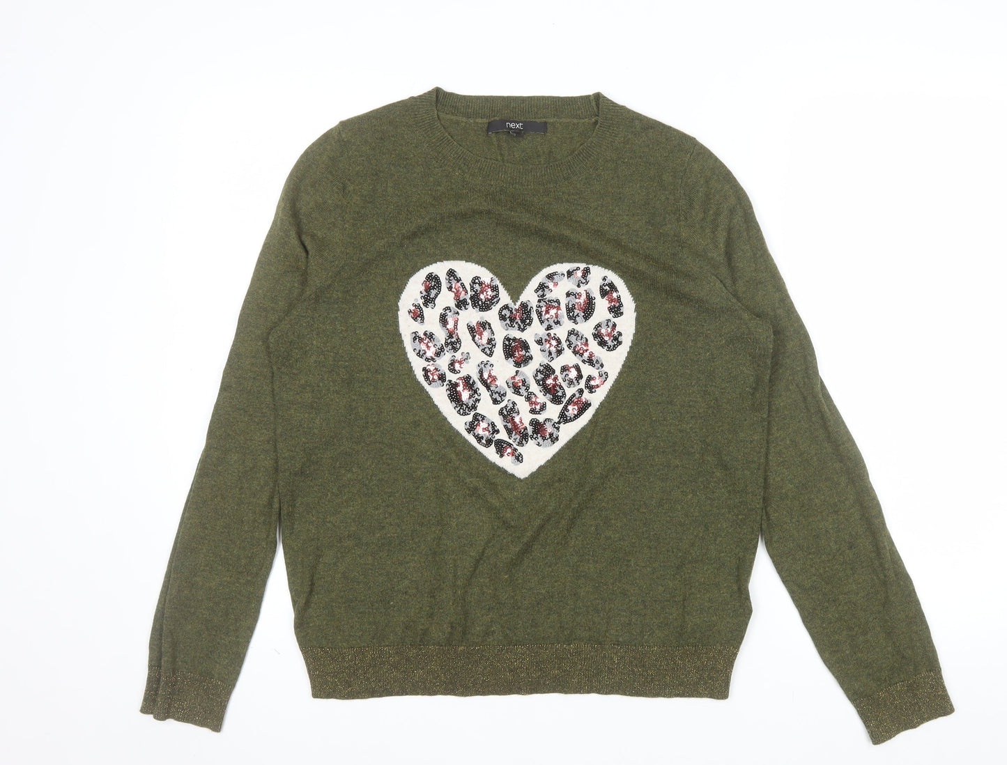 Next Women Green Heart Animal Print Sequin Jumper Size S