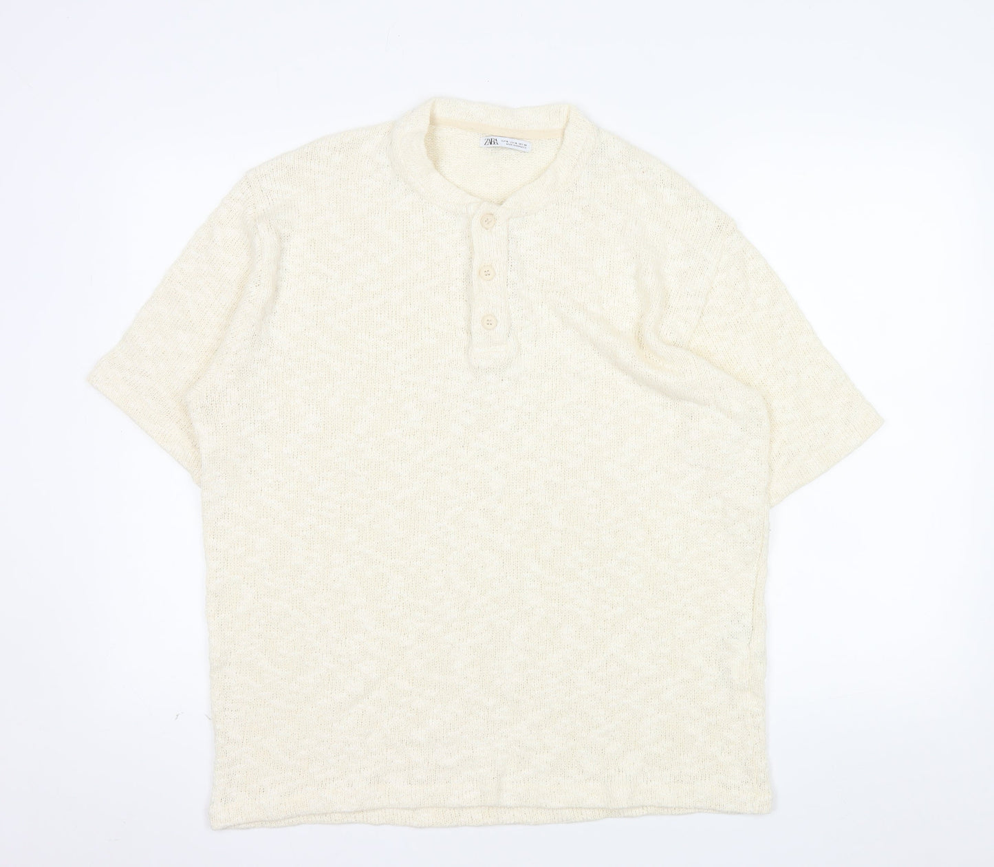 Zara Men Beige Cotton Short Sleeve Henley Knit T-Shirt XL