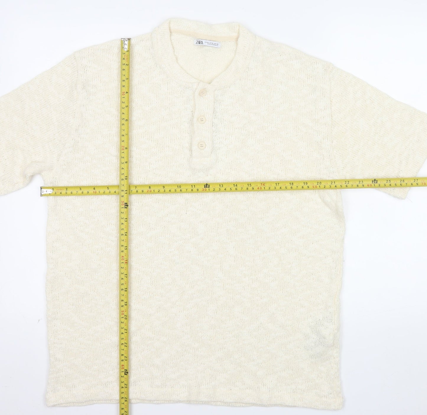 Zara Men Beige Cotton Short Sleeve Henley Knit T-Shirt XL