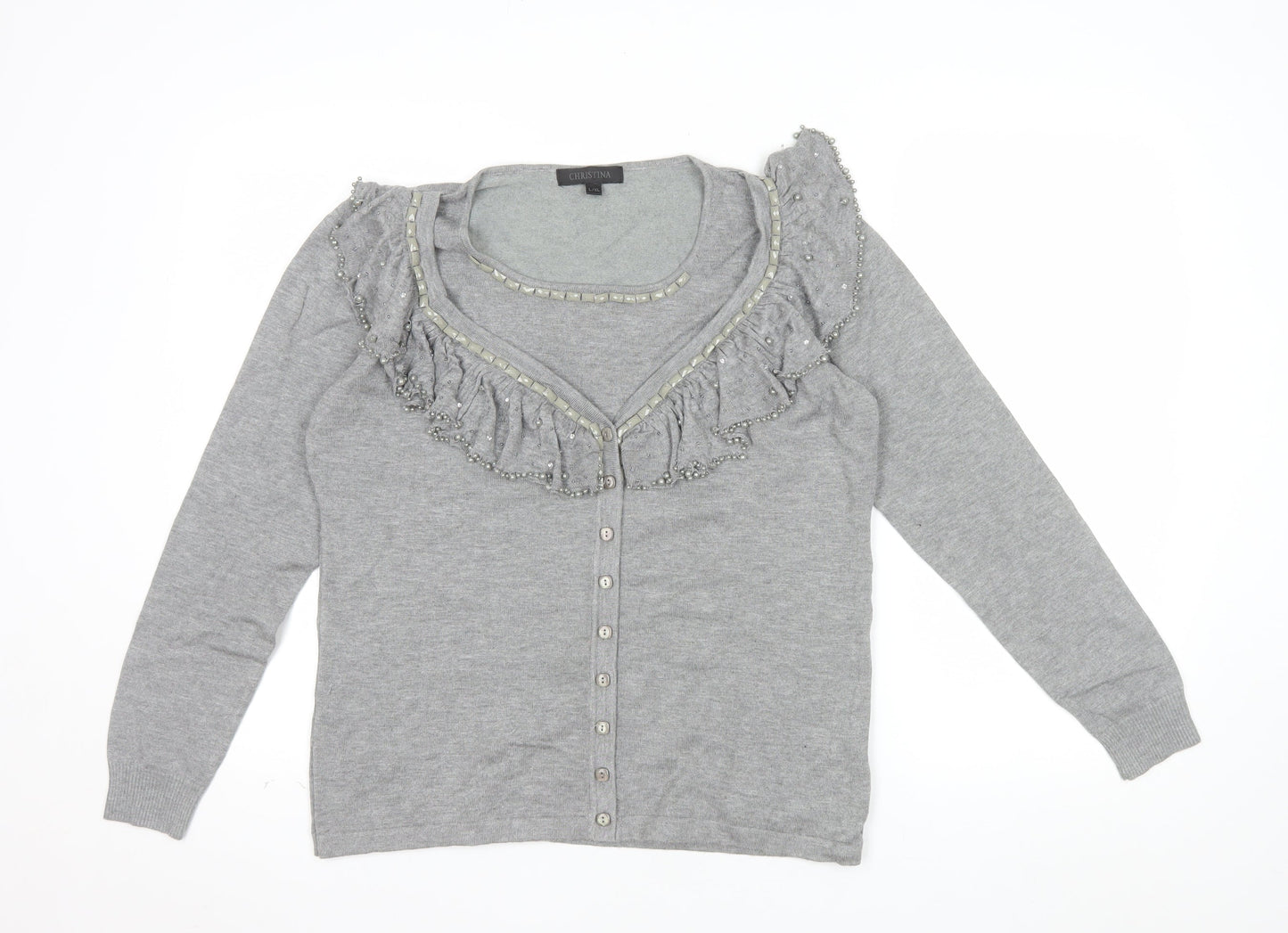 Christina Women Grey Beaded Ruffle V-Neck Cardigan L