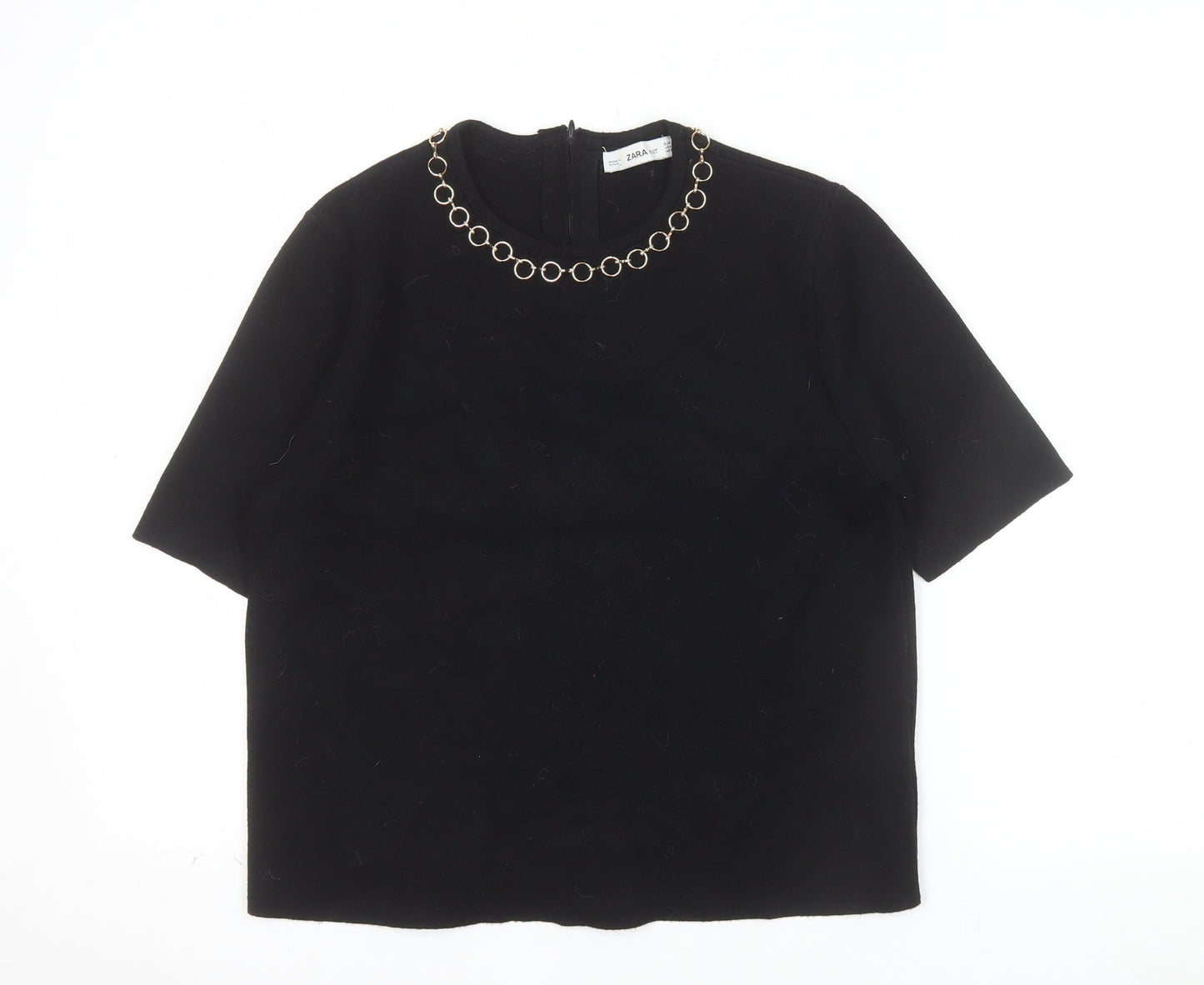 Zara Women Black Short Sleeve Knit Blouse Size 12 with Chain Detail