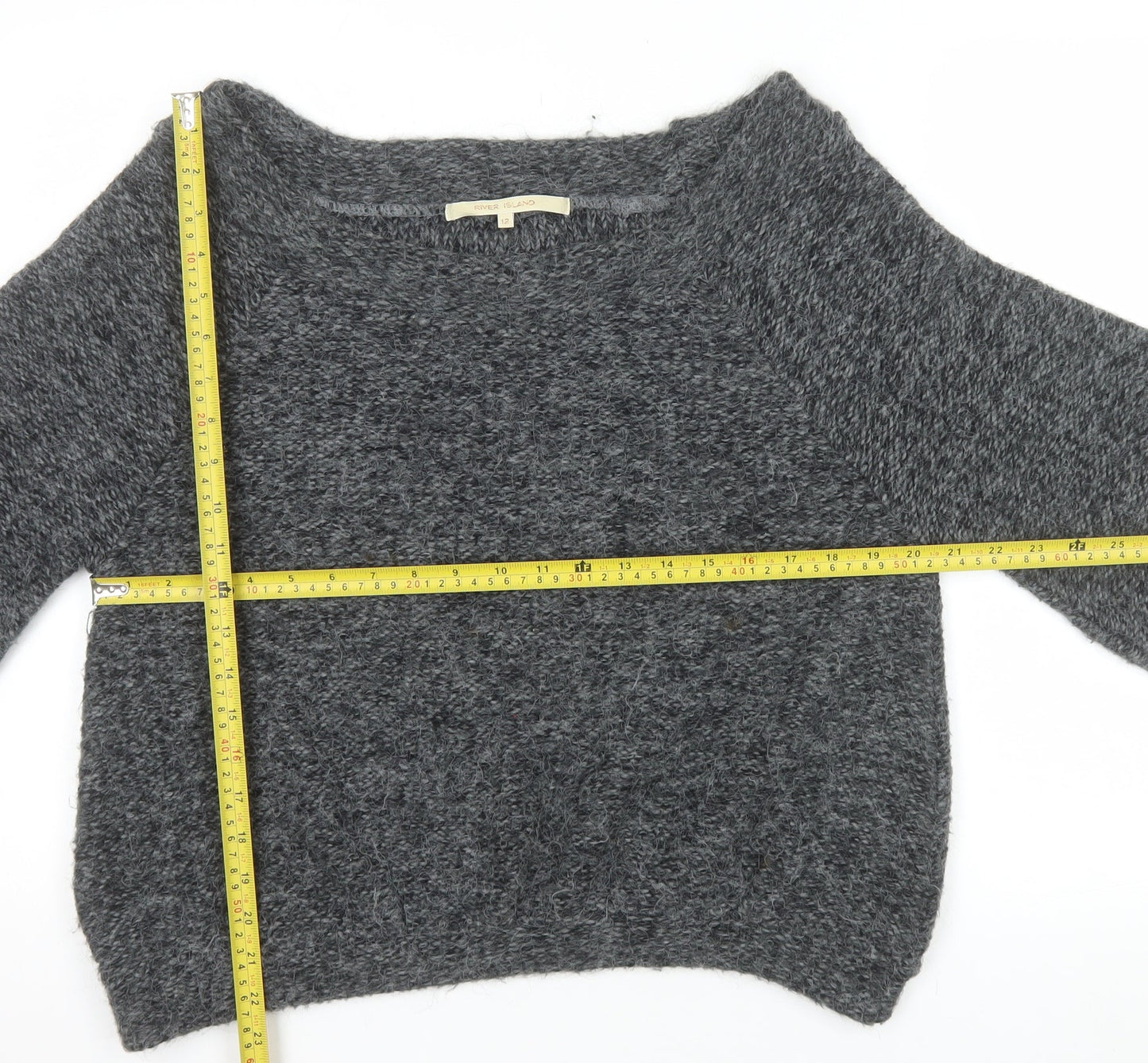River Island Women Grey Chunky Knit Boat Neck Pullover Jumper Size 12
