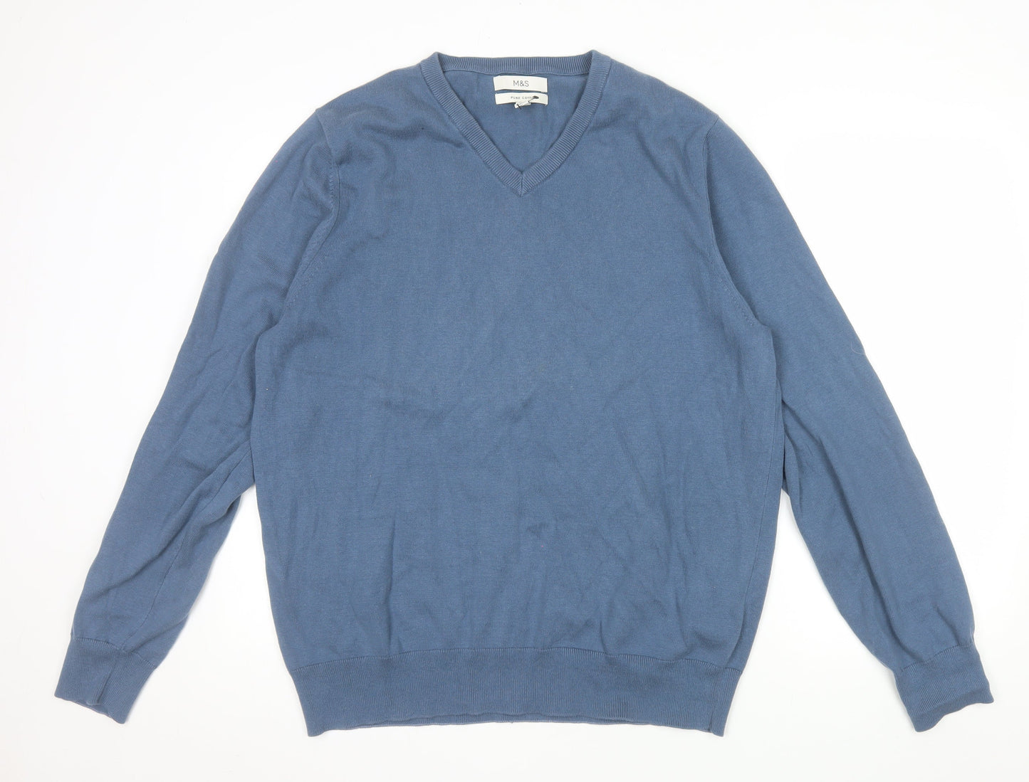 Marks and Spencer Men's Blue XL V-Neck Cotton Pullover Jumper