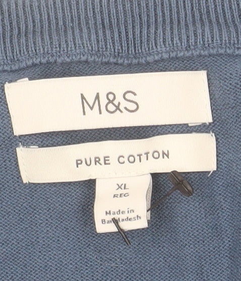 Marks and Spencer Men's Blue XL V-Neck Cotton Pullover Jumper
