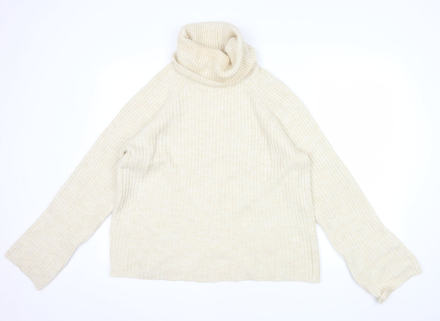 Stradivarius Women Beige Roll Neck Ribbed Knit Jumper Size 12