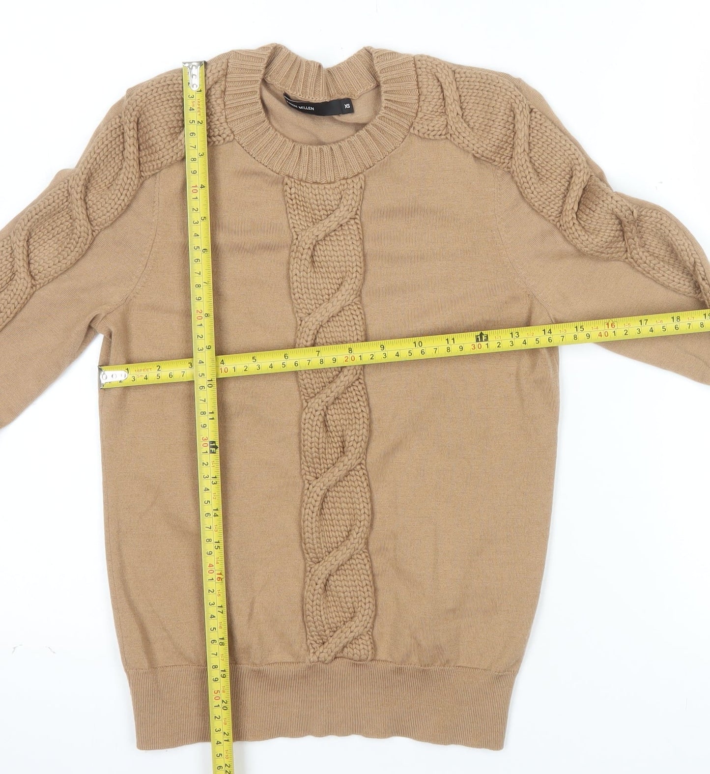 Karen Millen Women's Beige Cable-Knit Crew Neck Jumper XS