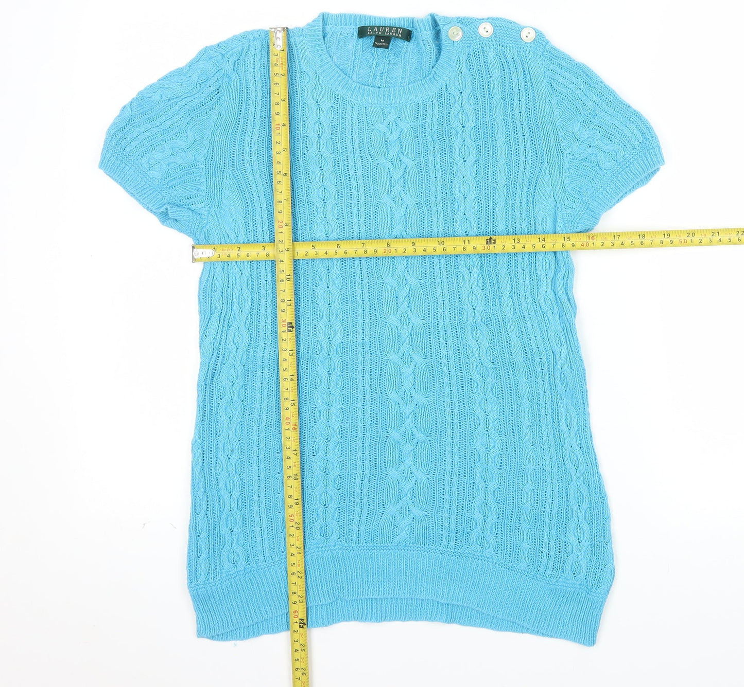 Ralph Lauren Women's Blue Cable-Knit Short Sleeve Cotton Linen Jumper Size M
