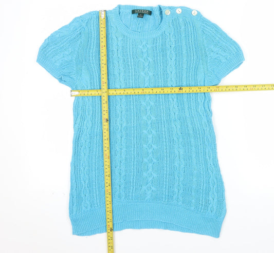 Ralph Lauren Women's Blue Cable-Knit Short Sleeve Cotton Linen Jumper Size M