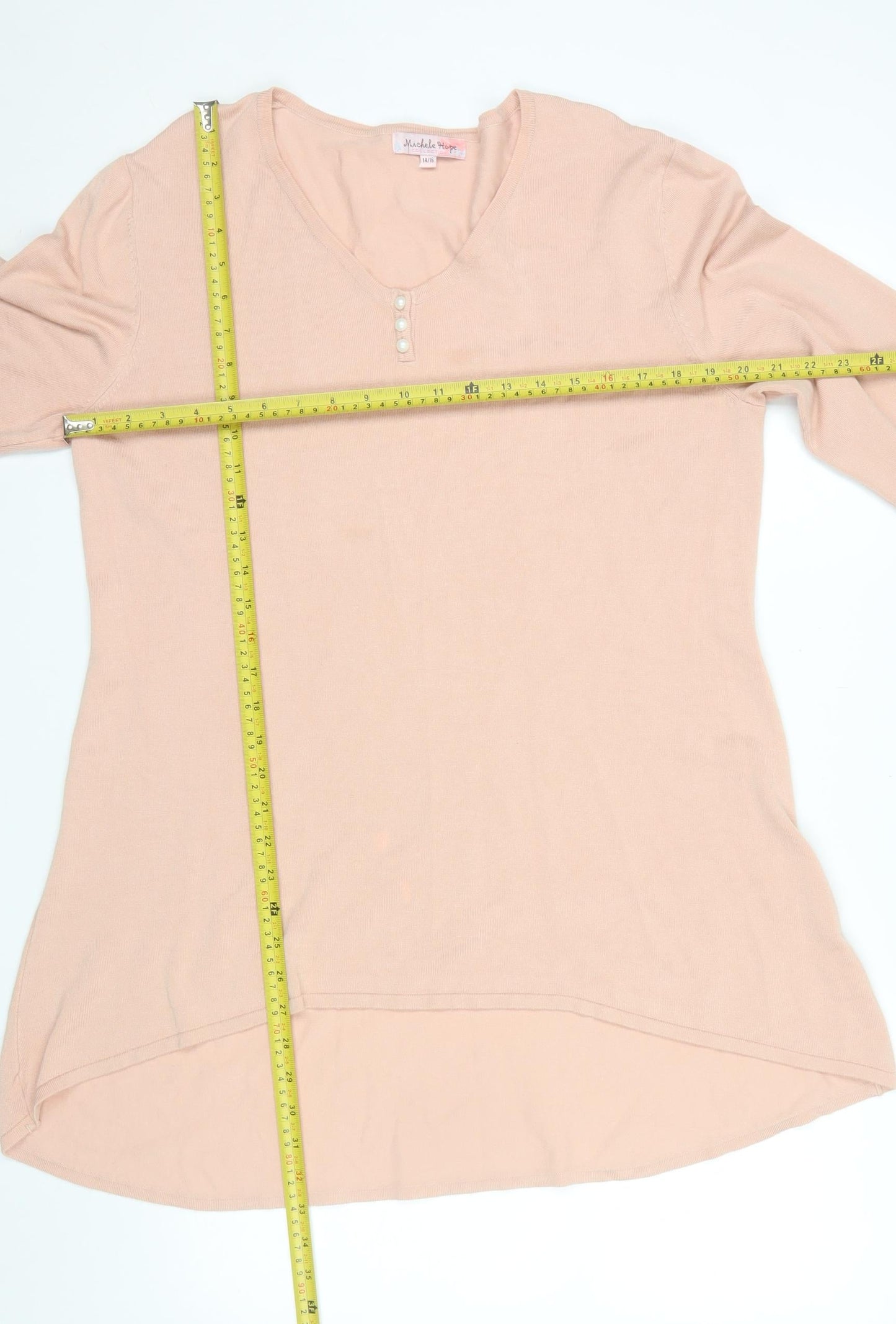 Michele Hope Womens Beige Knit 3/4 Sleeve V-Neck Blouse Size 14