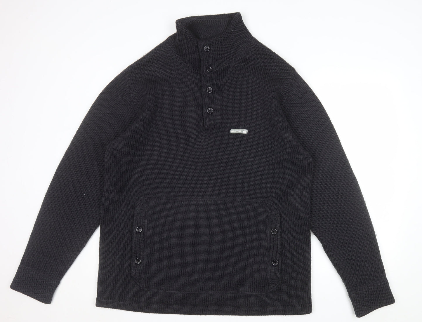 Boxfresh Mens Black Wool Blend Henley Jumper XL High Neck Casual