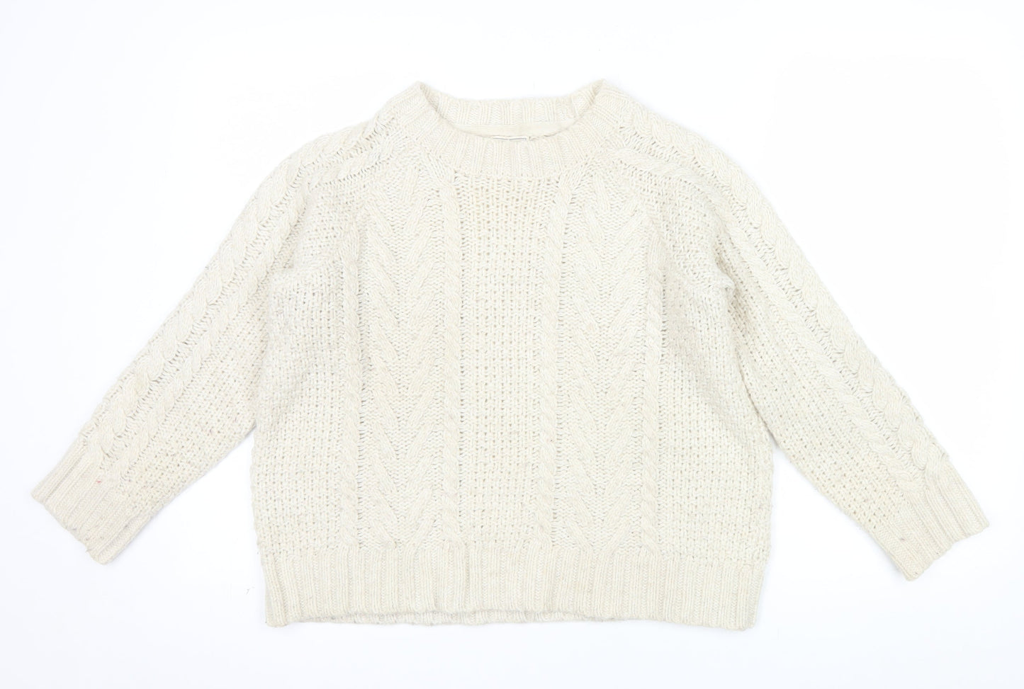 Fat Face Women Ivory Cable Knit Crew Neck Wool Jumper Size 10