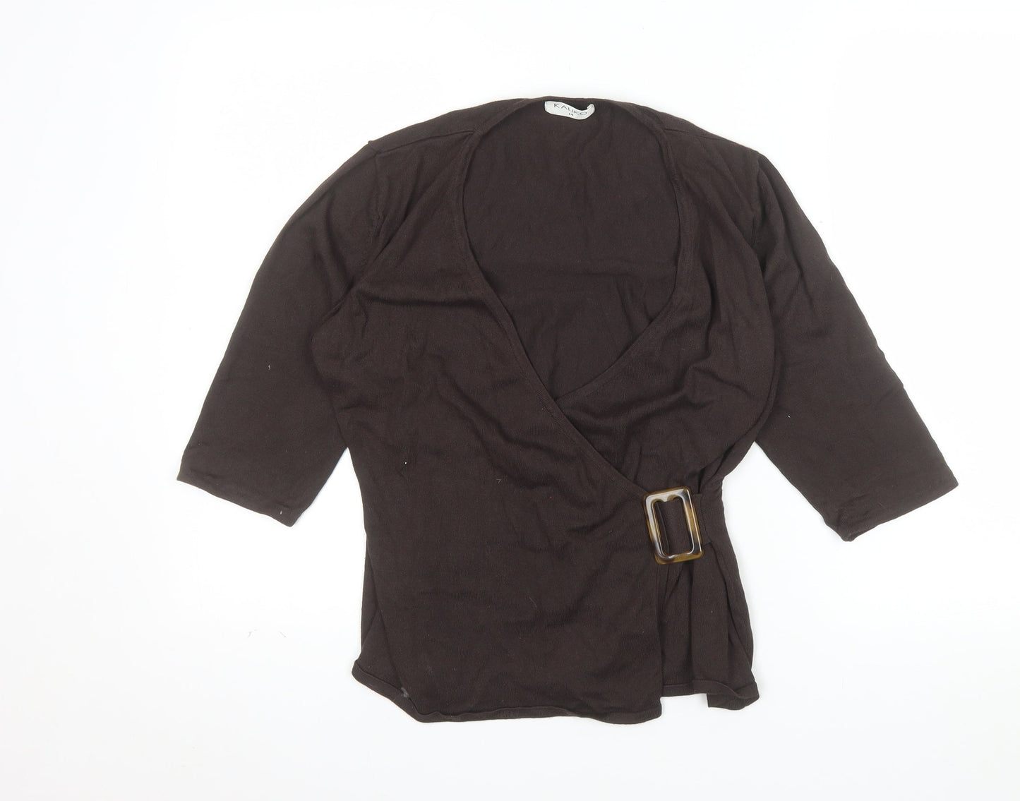 Kaliko Womens Brown Wrap Blouse Size 14 3/4 Sleeve V-Neck Buckle