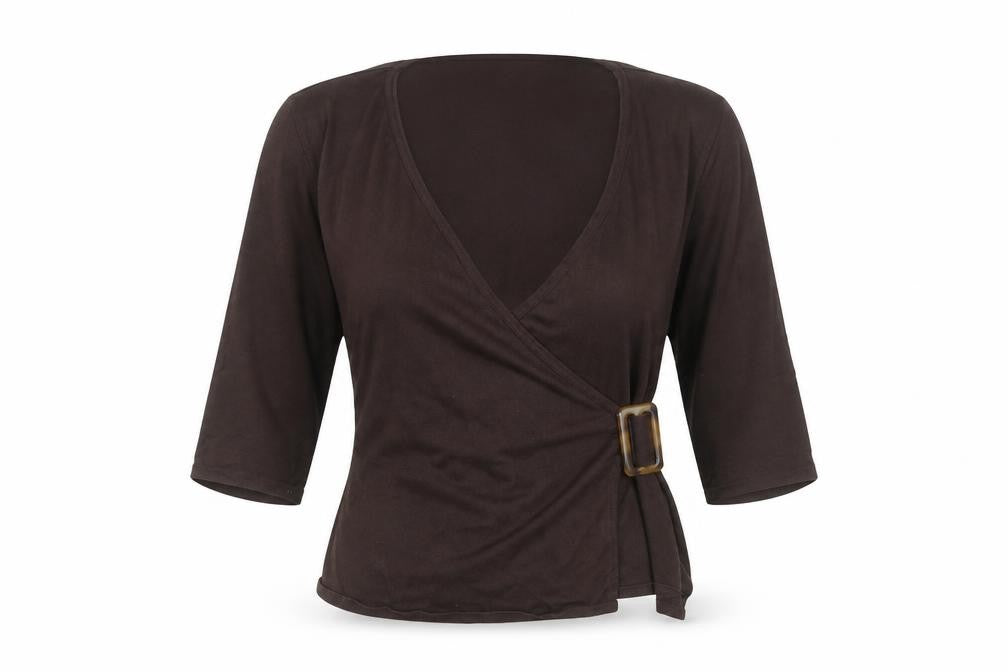 Front view of Kaliko women’s brown wrap blouse, size UK 14, 3/4 sleeve v-neck buckle