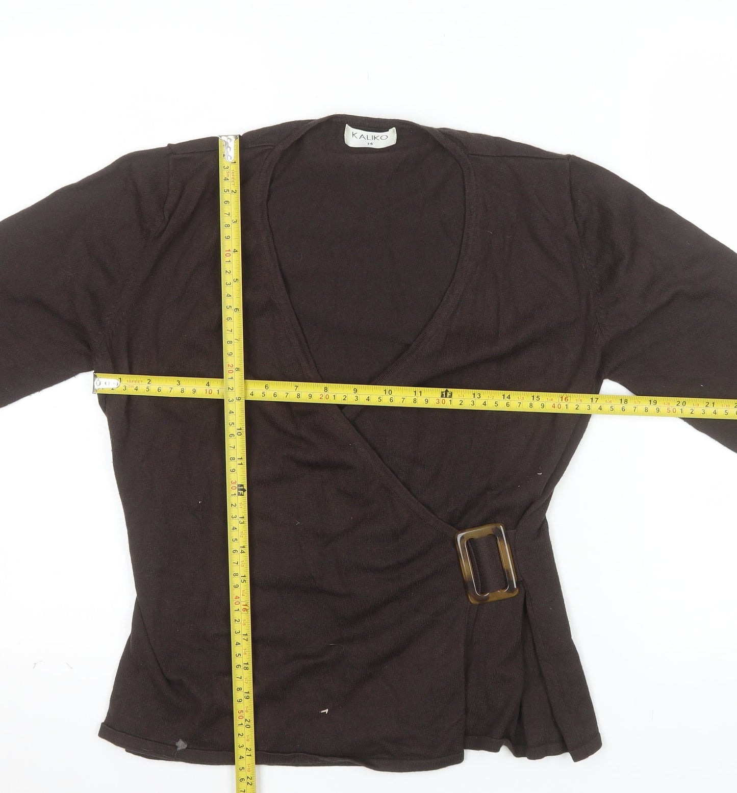 Kaliko Womens Brown Wrap Blouse Size 14 3/4 Sleeve V-Neck Buckle