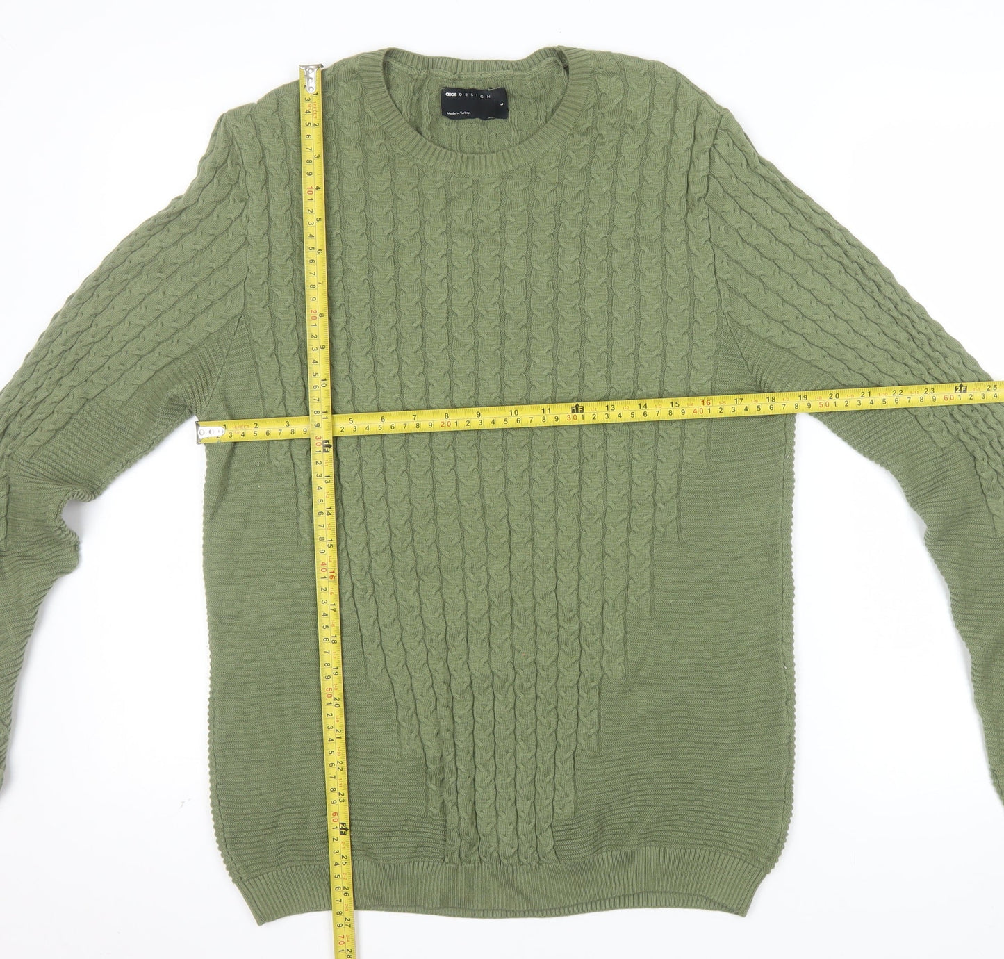 ASOS DESIGN Men's Green Cable-Knit Crew Neck Jumper Size L