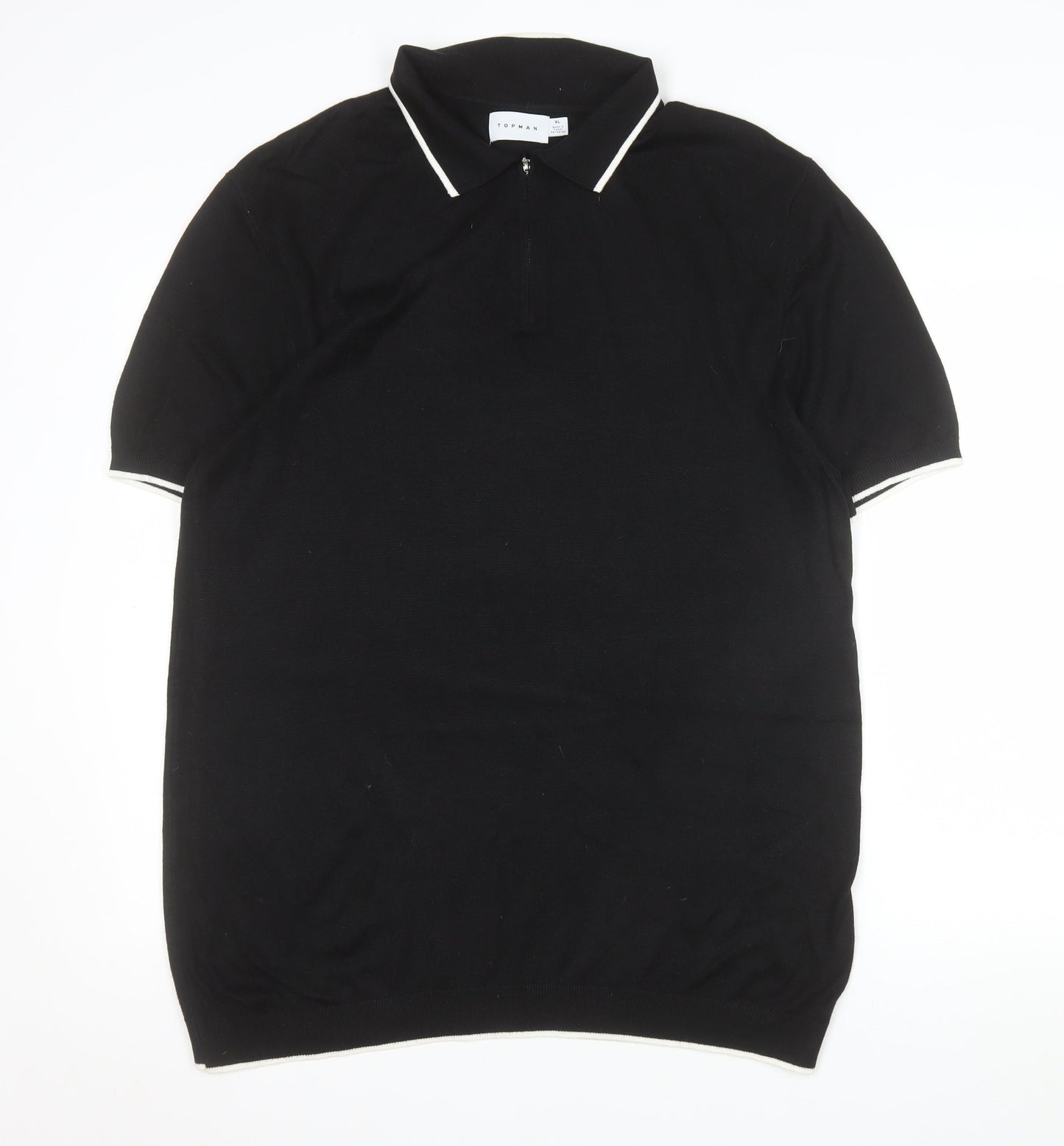 Topman Mens Black XL Knit Zip Collar Polo Shirt Short Sleeve